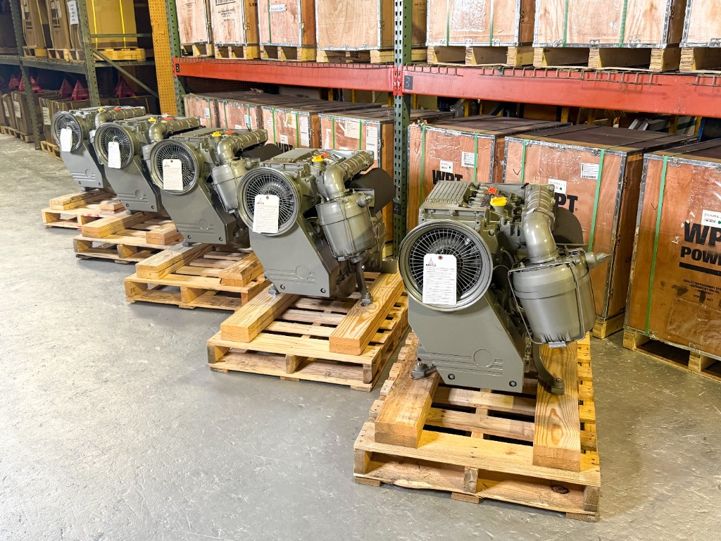 Rebuilt diesel engine on shipping pallet